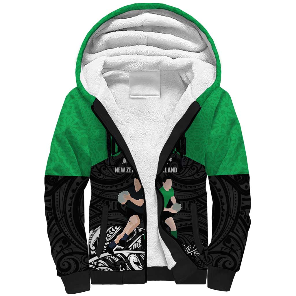 New Zealand and Ireland Rugby Custom Sherpa Hoodie Chicago 2025 Go All Black Shamrocks - Polynesian Pride