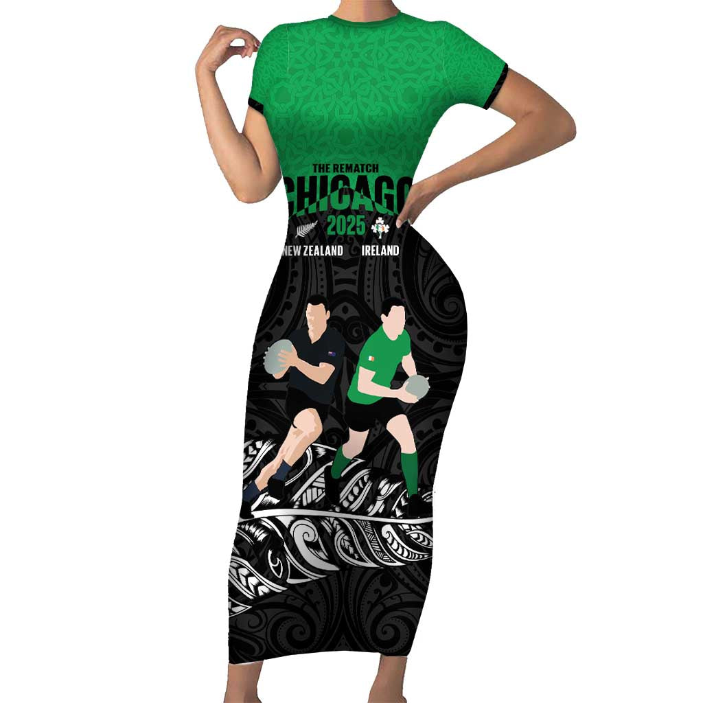 New Zealand and Ireland Rugby Custom Short Sleeve Bodycon Dress Chicago 2025 Go All Black Shamrocks - Polynesian Pride