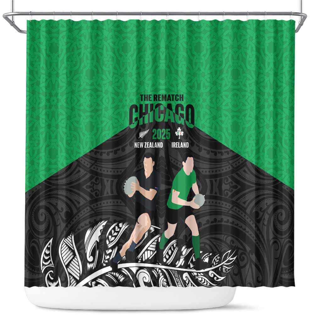 New Zealand and Ireland Rugby Shower Curtain Chicago 2025 Go All Black Shamrocks - Polynesian Pride