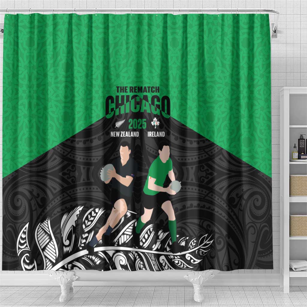 New Zealand and Ireland Rugby Shower Curtain Chicago 2025 Go All Black Shamrocks - Polynesian Pride