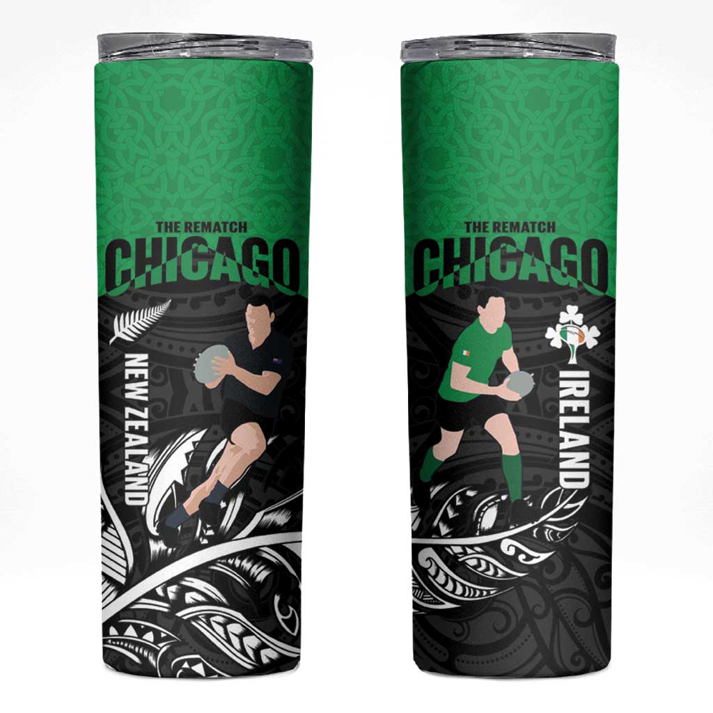 New Zealand and Ireland Rugby Skinny Tumbler Chicago 2025 Go All Black Shamrocks - Polynesian Pride