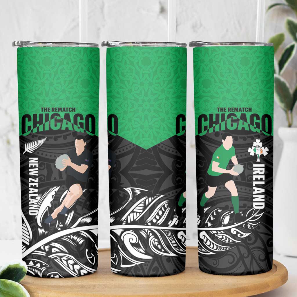 New Zealand and Ireland Rugby Skinny Tumbler Chicago 2025 Go All Black Shamrocks - Polynesian Pride
