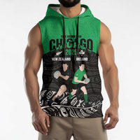 New Zealand and Ireland Rugby Custom Sleeveless Hoodie Chicago 2025 Go All Black Shamrocks - Polynesian Pride