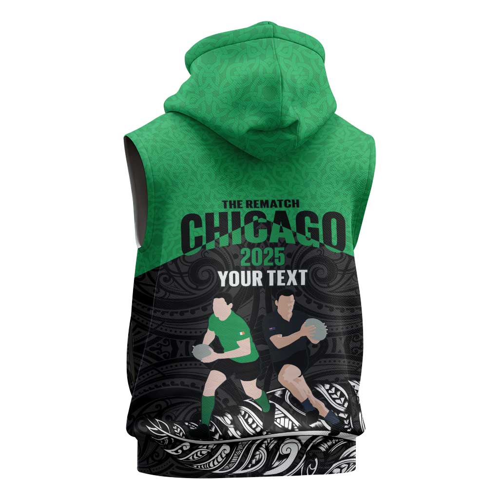 New Zealand and Ireland Rugby Custom Sleeveless Zip Hoodie Chicago 2025 Go All Black Shamrocks - Polynesian Pride