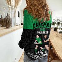 New Zealand and Ireland Rugby Custom Women Casual Shirt Chicago 2025 Go All Black Shamrocks - Polynesian Pride