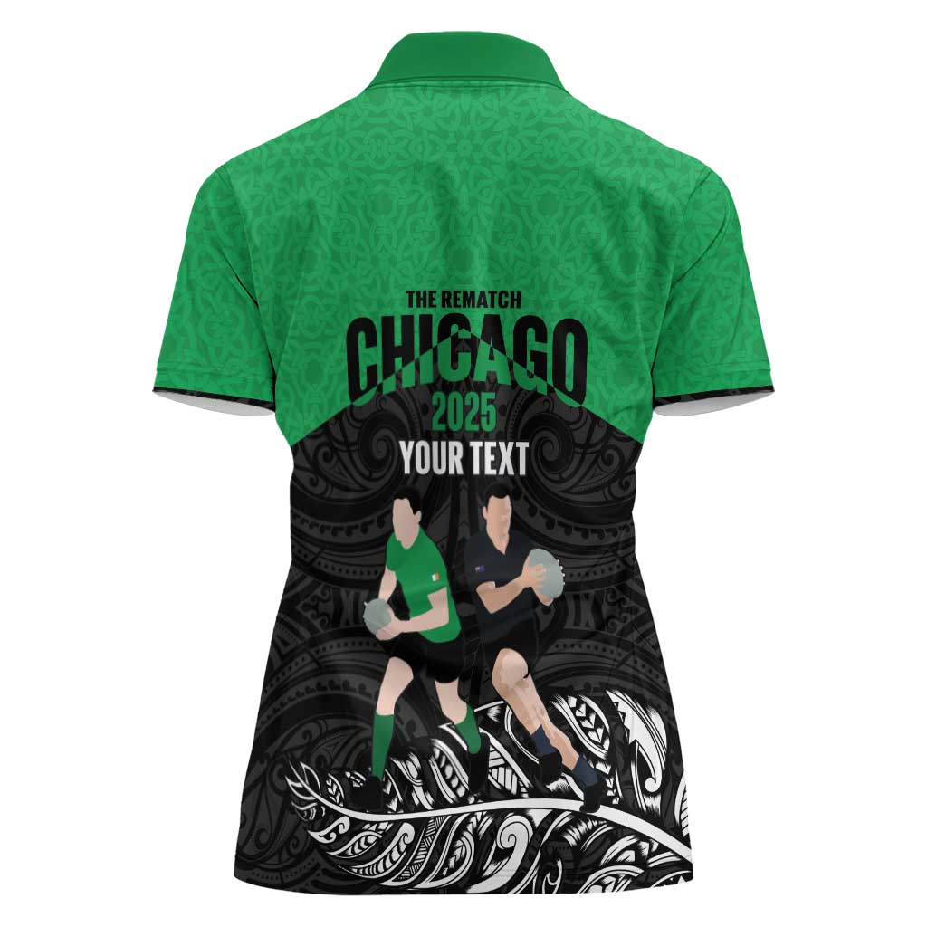 New Zealand and Ireland Rugby Custom Women Polo Shirt Chicago 2025 Go All Black Shamrocks - Polynesian Pride