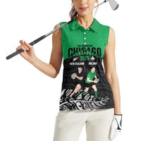 New Zealand and Ireland Rugby Custom Women Sleeveless Polo Shirt Chicago 2025 Go All Black Shamrocks - Polynesian Pride