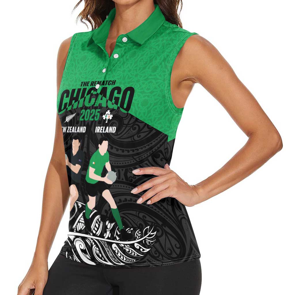 New Zealand and Ireland Rugby Custom Women Sleeveless Polo Shirt Chicago 2025 Go All Black Shamrocks - Polynesian Pride