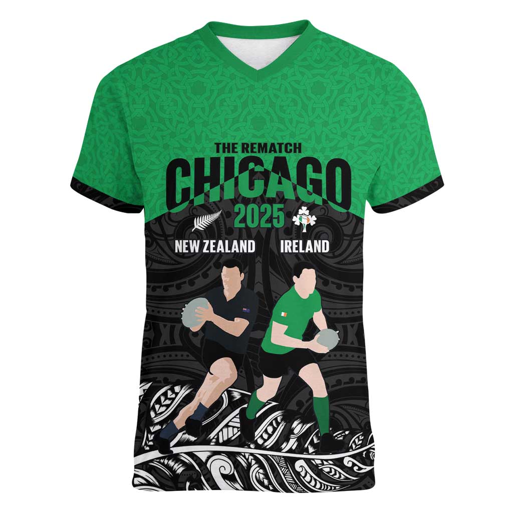 New Zealand and Ireland Rugby Custom Women V-Neck T-Shirt Chicago 2025 Go All Black Shamrocks - Polynesian Pride