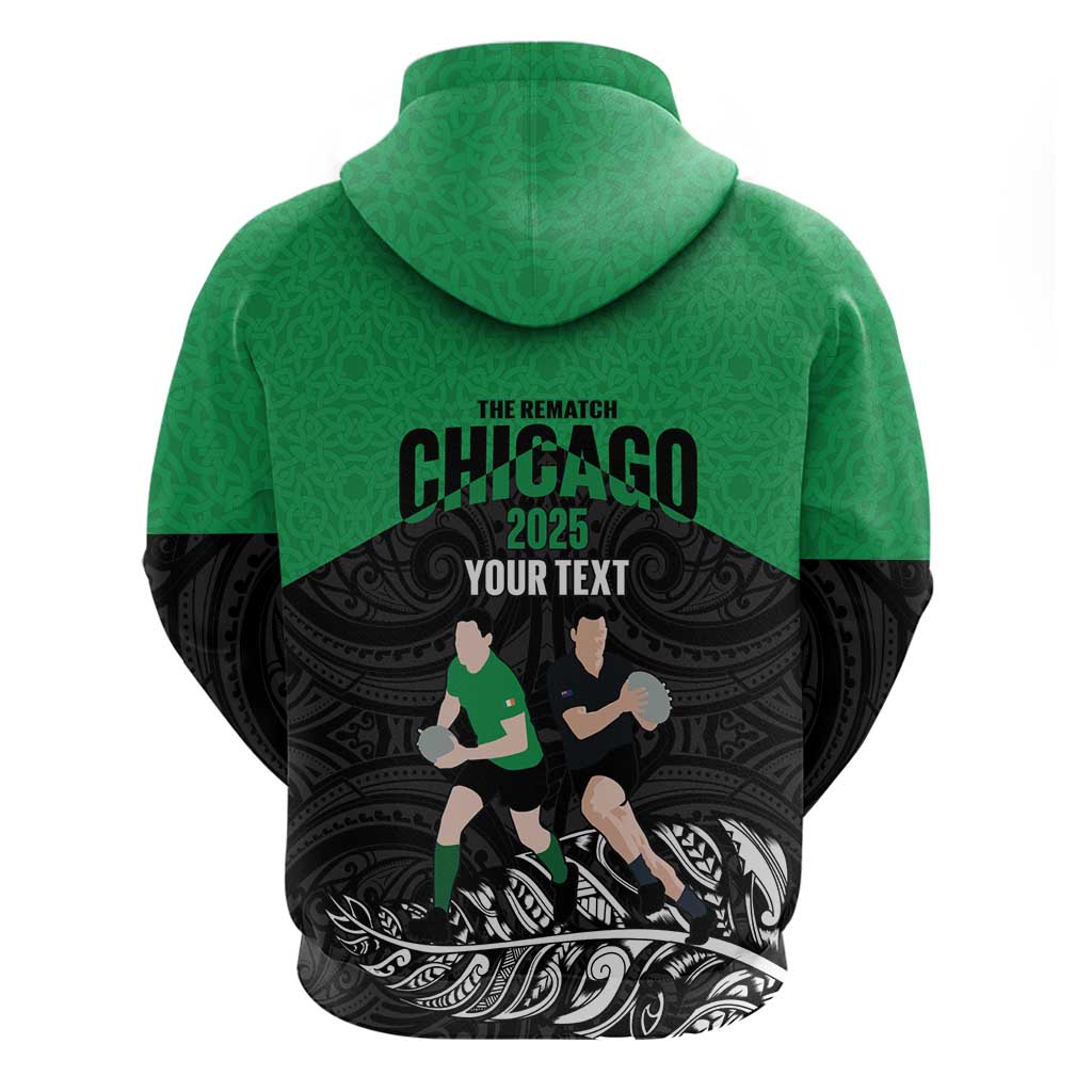 New Zealand and Ireland Rugby Custom Zip Hoodie Chicago 2025 Go All Black Shamrocks - Polynesian Pride