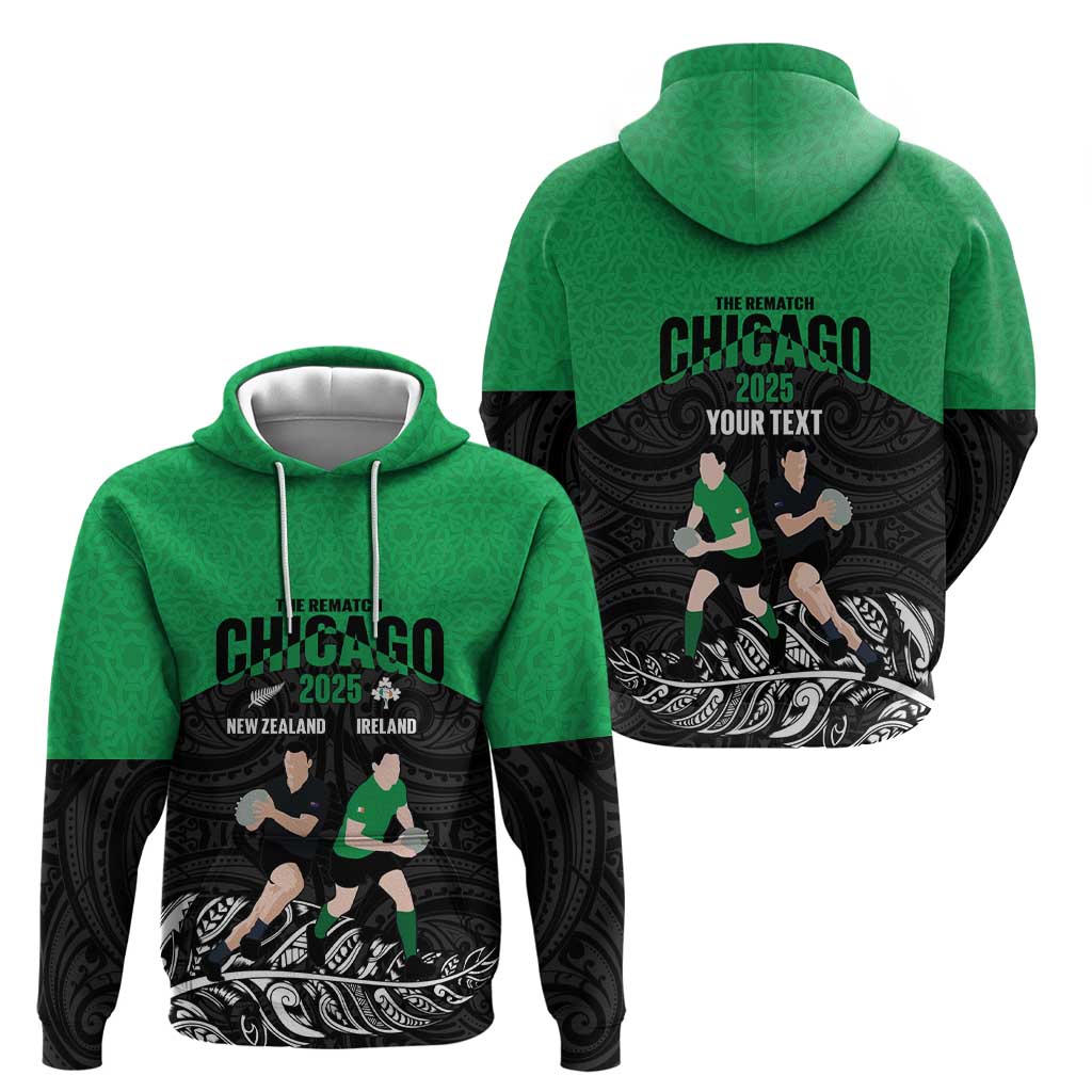 New Zealand and Ireland Rugby Custom Zip Hoodie Chicago 2025 Go All Black Shamrocks - Polynesian Pride