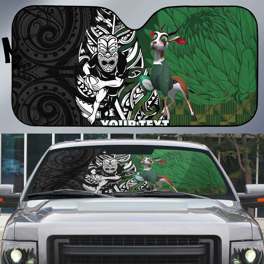 New Zealand and South Africa Rugby Custom Auto Sun Shade Maori Tiki Fern Springboks Kente Pattern - Polynesian Pride
