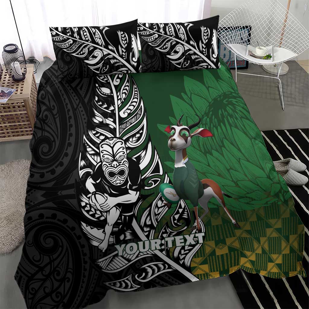 New Zealand and South Africa Rugby Custom Bedding Set Maori Tiki Fern Springboks Kente Pattern - Polynesian Pride