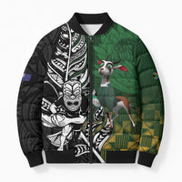 New Zealand and South Africa Rugby Custom Bomber Puffer Jacket Maori Tiki Fern Springboks Kente Pattern - Polynesian Pride