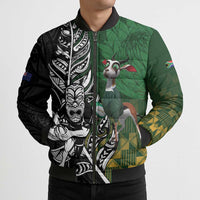 New Zealand and South Africa Rugby Custom Bomber Puffer Jacket Maori Tiki Fern Springboks Kente Pattern - Polynesian Pride