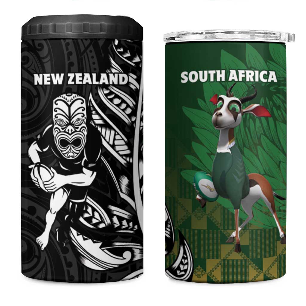 New Zealand and South Africa Rugby 4 in 1 Can Cooler Tumbler Maori Tiki Fern Springboks Kente Pattern - Polynesian Pride
