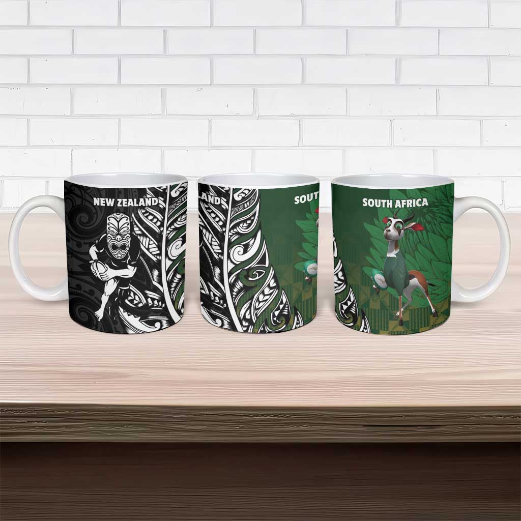 New Zealand and South Africa Rugby Ceramic Mug Maori Tiki Fern Springboks Kente Pattern - Polynesian Pride