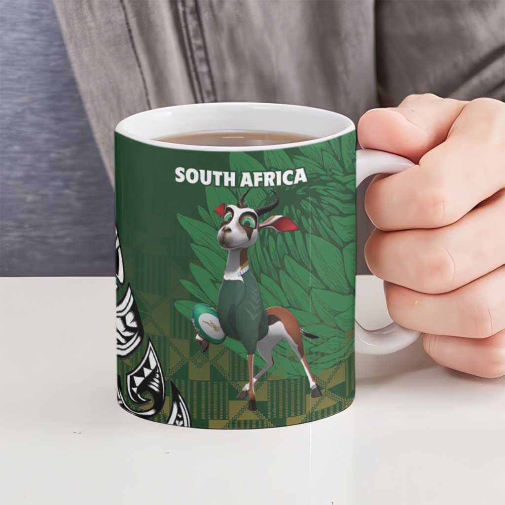 New Zealand and South Africa Rugby Ceramic Mug Maori Tiki Fern Springboks Kente Pattern - Polynesian Pride