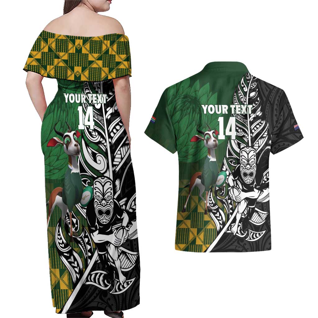 New Zealand and South Africa Rugby Custom Couples Matching Off Shoulder Maxi Dress and Hawaiian Shirt Maori Tiki Fern Springboks Kente Pattern - Polynesian Pride