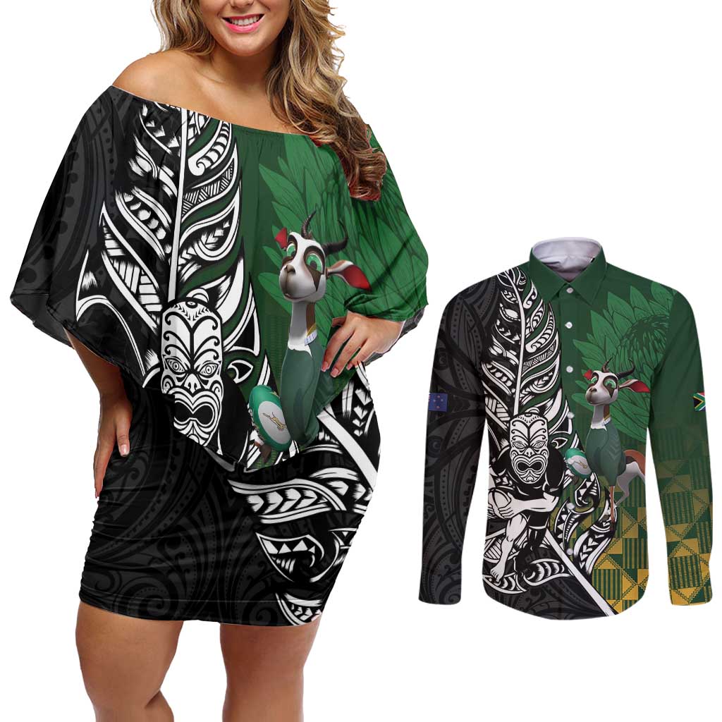 New Zealand and South Africa Rugby Custom Couples Matching Off Shoulder Short Dress and Long Sleeve Button Shirt Maori Tiki Fern Springboks Kente Pattern - Polynesian Pride