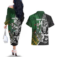 New Zealand and South Africa Rugby Custom Couples Matching Off The Shoulder Long Sleeve Dress and Hawaiian Shirt Maori Tiki Fern Springboks Kente Pattern - Polynesian Pride