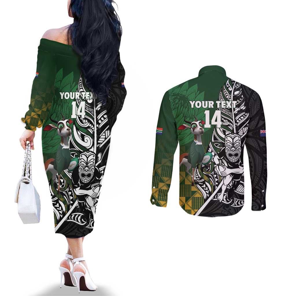 New Zealand and South Africa Rugby Custom Couples Matching Off The Shoulder Long Sleeve Dress and Long Sleeve Button Shirt Maori Tiki Fern Springboks Kente Pattern - Polynesian Pride