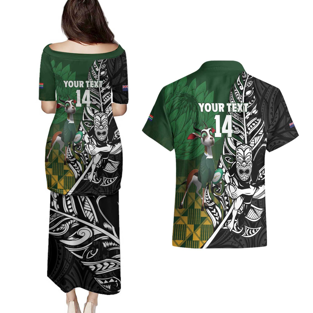 New Zealand and South Africa Rugby Custom Couples Matching Puletasi and Hawaiian Shirt Maori Tiki Fern Springboks Kente Pattern - Polynesian Pride