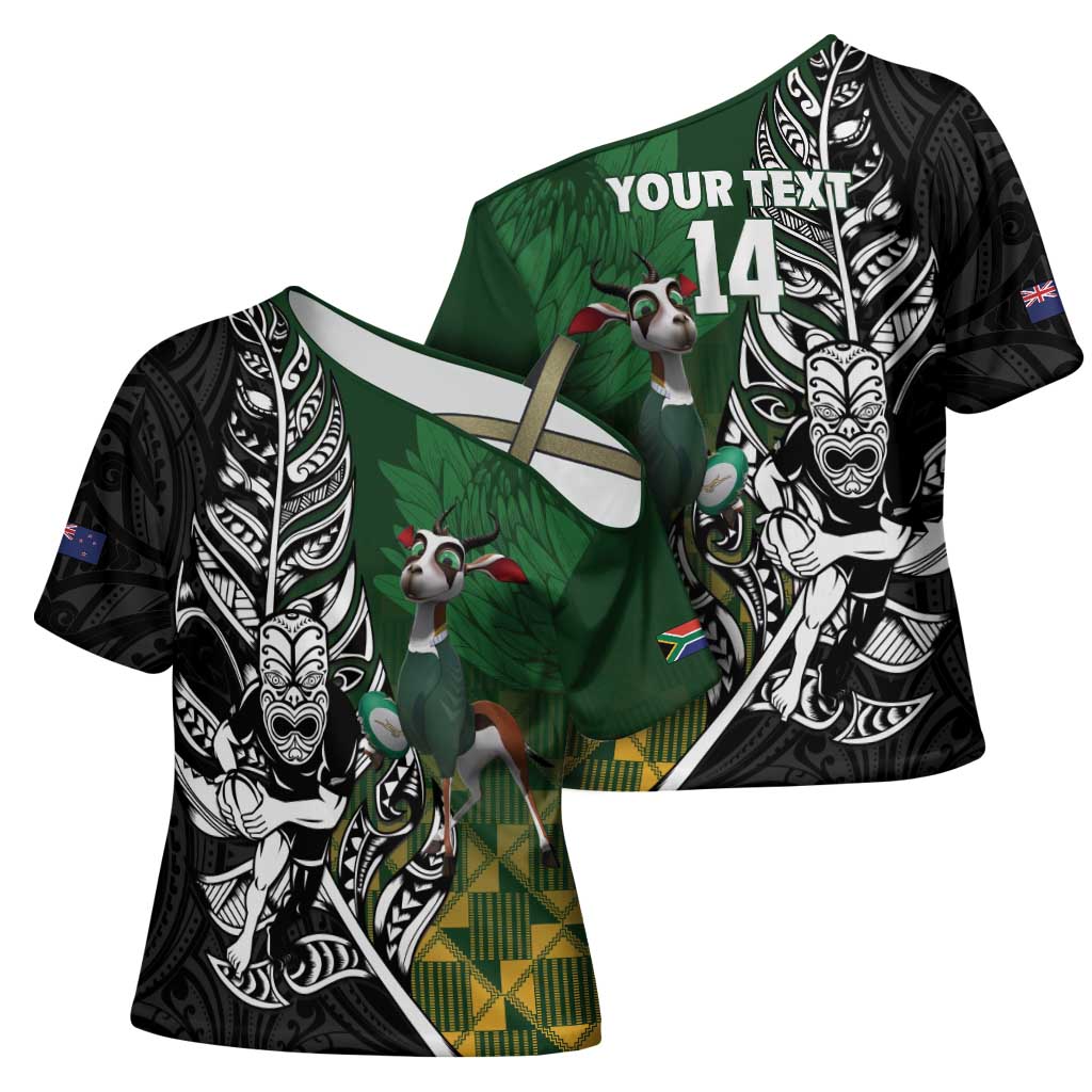 New Zealand and South Africa Rugby Custom Cross Shoulder Shirt Maori Tiki Fern Springboks Kente Pattern - Polynesian Pride