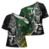 New Zealand and South Africa Rugby Custom Cross Shoulder Shirt Maori Tiki Fern Springboks Kente Pattern - Polynesian Pride