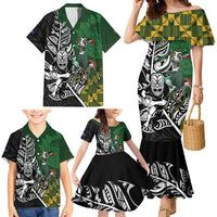 New Zealand and South Africa Rugby Custom Family Matching Mermaid Dress and Hawaiian Shirt Maori Tiki Fern Springboks Kente Pattern - Polynesian Pride