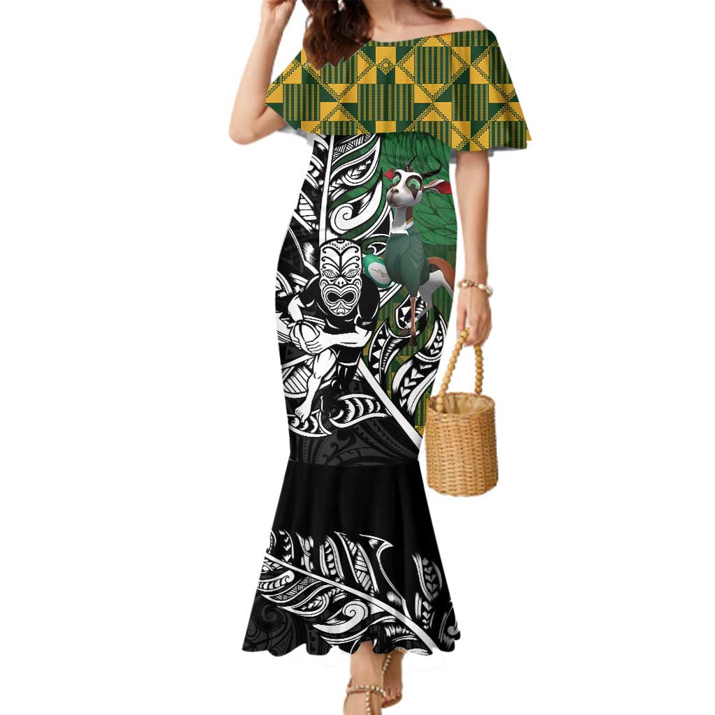 New Zealand and South Africa Rugby Custom Family Matching Mermaid Dress and Hawaiian Shirt Maori Tiki Fern Springboks Kente Pattern - Polynesian Pride