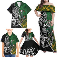 New Zealand and South Africa Rugby Custom Family Matching Off Shoulder Maxi Dress and Hawaiian Shirt Maori Tiki Fern Springboks Kente Pattern - Polynesian Pride