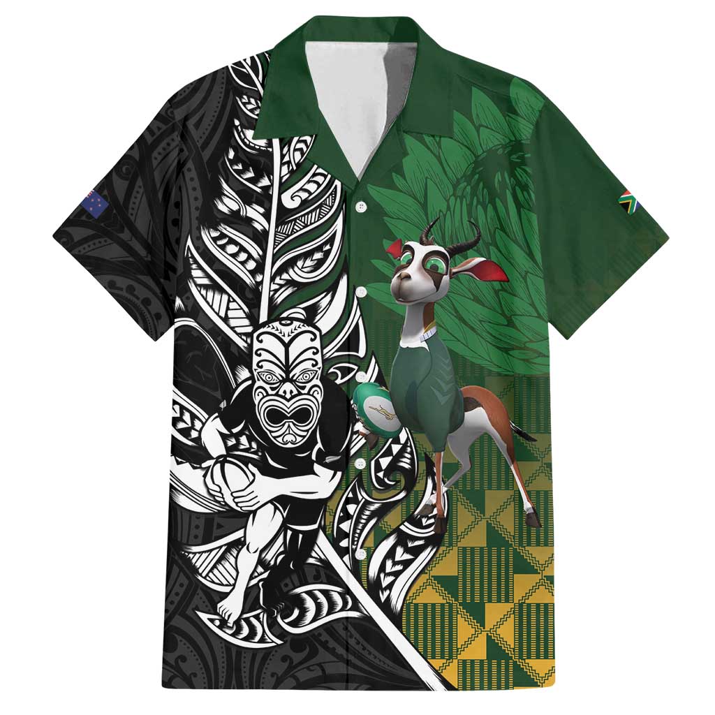 New Zealand and South Africa Rugby Custom Family Matching Off Shoulder Maxi Dress and Hawaiian Shirt Maori Tiki Fern Springboks Kente Pattern - Polynesian Pride