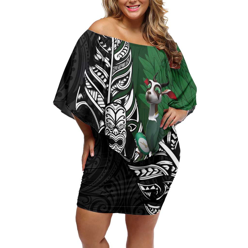 New Zealand and South Africa Rugby Custom Family Matching Off Shoulder Short Dress and Hawaiian Shirt Maori Tiki Fern Springboks Kente Pattern - Polynesian Pride