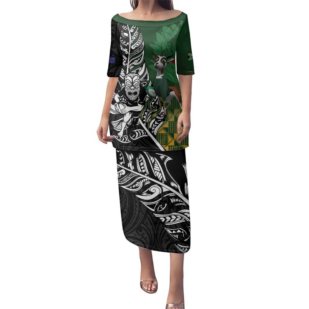 New Zealand and South Africa Rugby Custom Family Matching Puletasi and Hawaiian Shirt Maori Tiki Fern Springboks Kente Pattern - Polynesian Pride