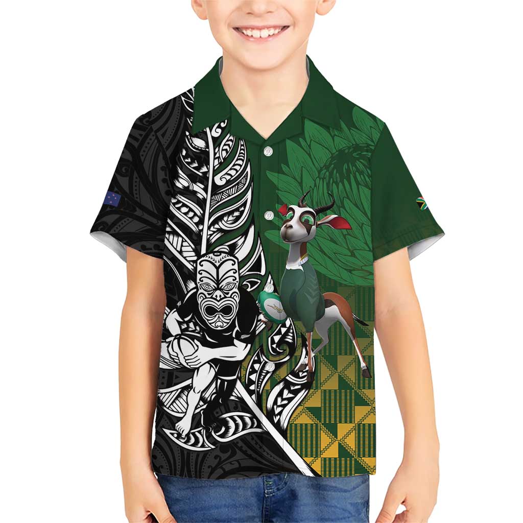 New Zealand and South Africa Rugby Custom Family Matching Short Sleeve Bodycon Dress and Hawaiian Shirt Maori Tiki Fern Springboks Kente Pattern - Polynesian Pride