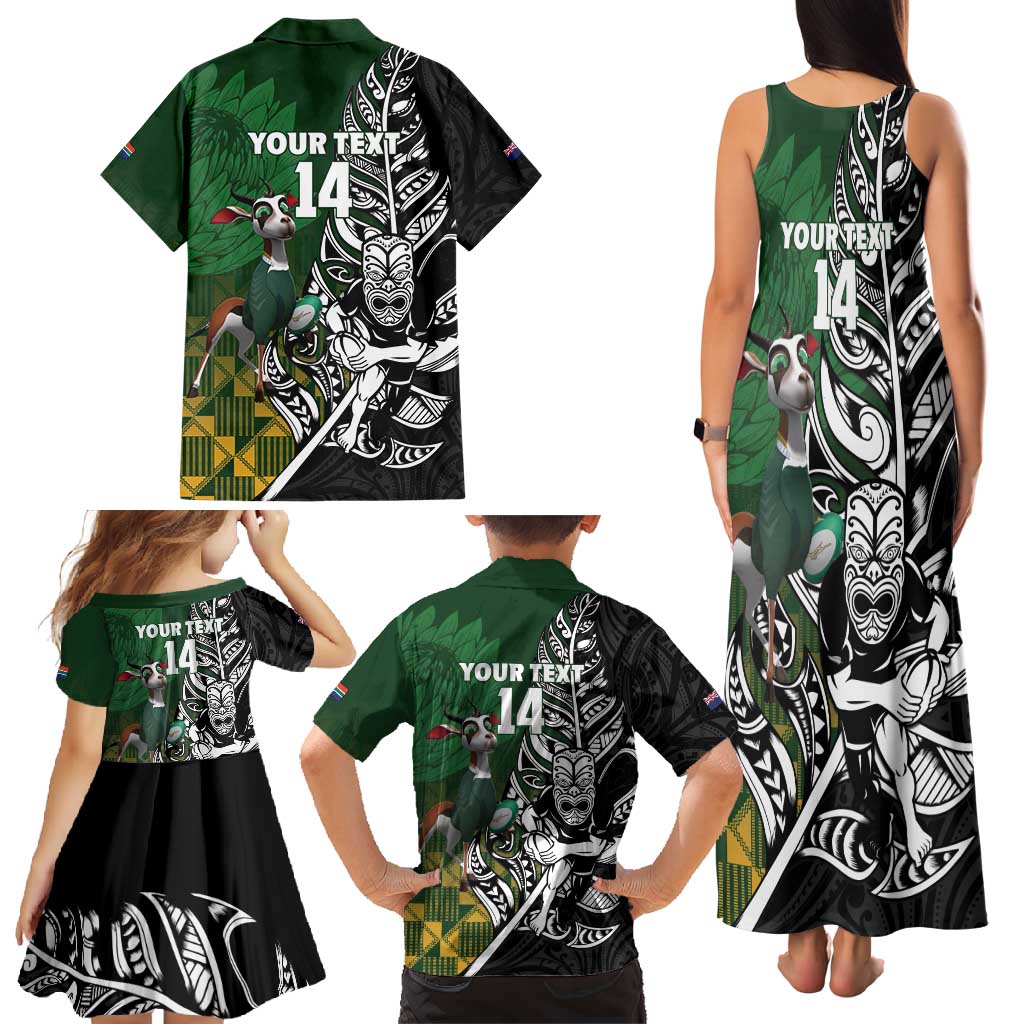 New Zealand and South Africa Rugby Custom Family Matching Tank Maxi Dress and Hawaiian Shirt Maori Tiki Fern Springboks Kente Pattern - Polynesian Pride