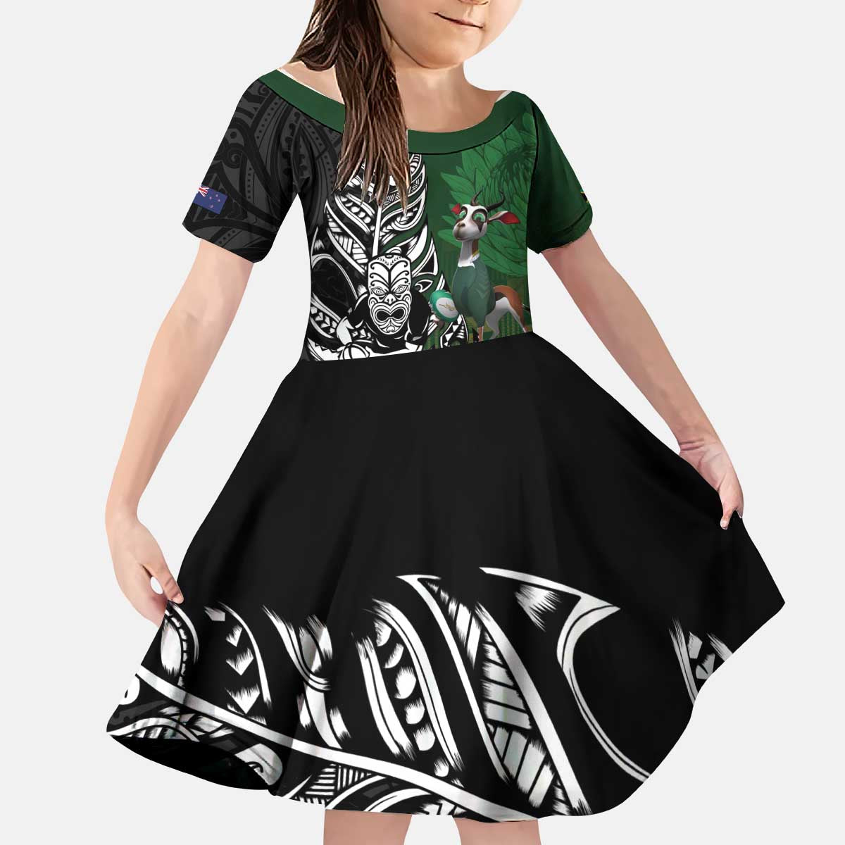 New Zealand and South Africa Rugby Custom Kid Short Sleeve Dress Maori Tiki Fern Springboks Kente Pattern - Polynesian Pride