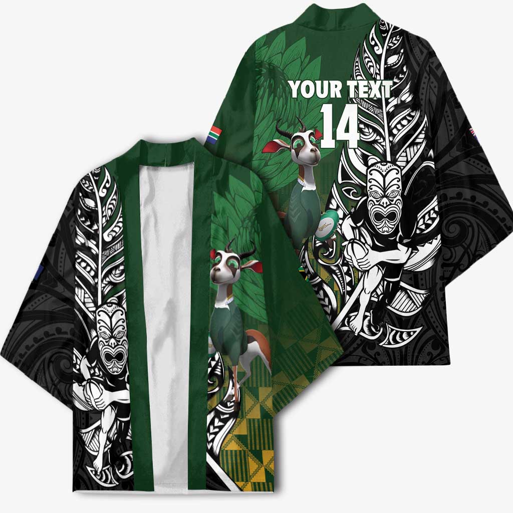 New Zealand and South Africa Rugby Custom Kimono Maori Tiki Fern Springboks Kente Pattern - Polynesian Pride