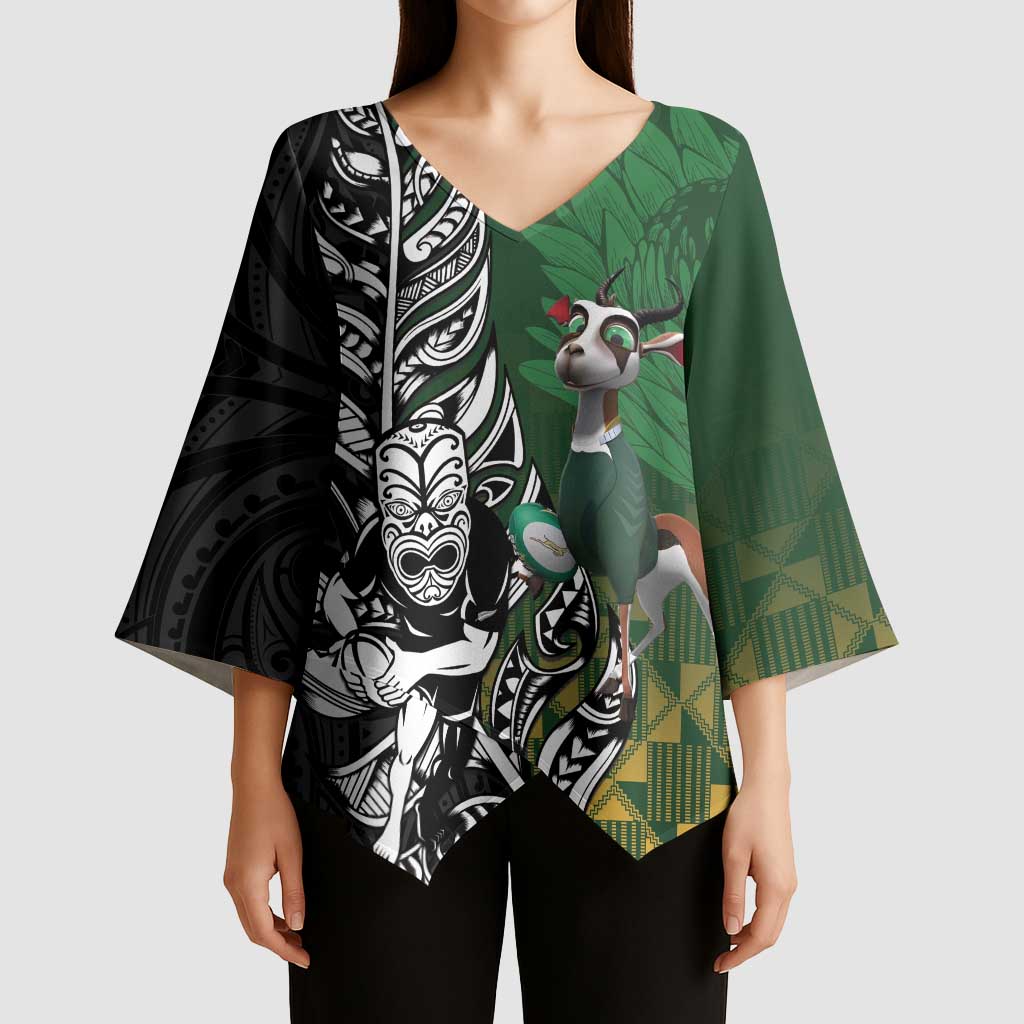 New Zealand and South Africa Rugby Custom Kimono Sleeve Blouse Maori Tiki Fern Springboks Kente Pattern - Polynesian Pride