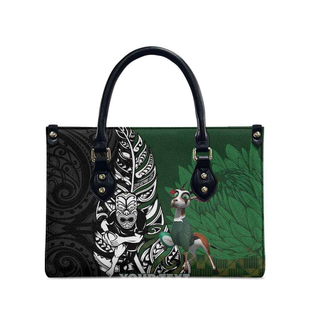New Zealand and South Africa Rugby Custom Leather Bag Maori Tiki Fern Springboks Kente Pattern - Polynesian Pride