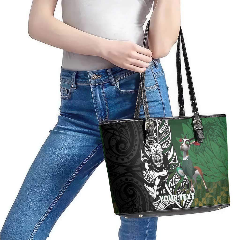 New Zealand and South Africa Rugby Custom Leather Tote Bag Maori Tiki Fern Springboks Kente Pattern - Polynesian Pride