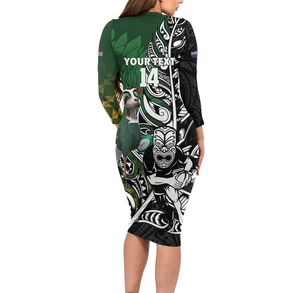 New Zealand and South Africa Rugby Custom Long Sleeve Bodycon Dress Maori Tiki Fern Springboks Kente Pattern - Polynesian Pride