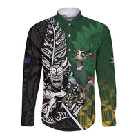 New Zealand and South Africa Rugby Custom Long Sleeve Button Shirt Maori Tiki Fern Springboks Kente Pattern - Polynesian Pride