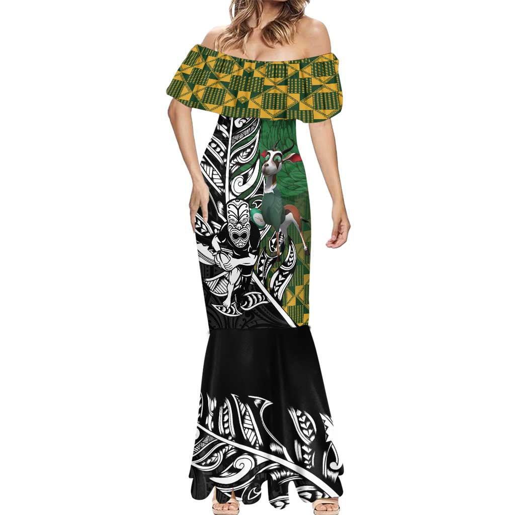 New Zealand and South Africa Rugby Custom Mermaid Dress Maori Tiki Fern Springboks Kente Pattern - Polynesian Pride