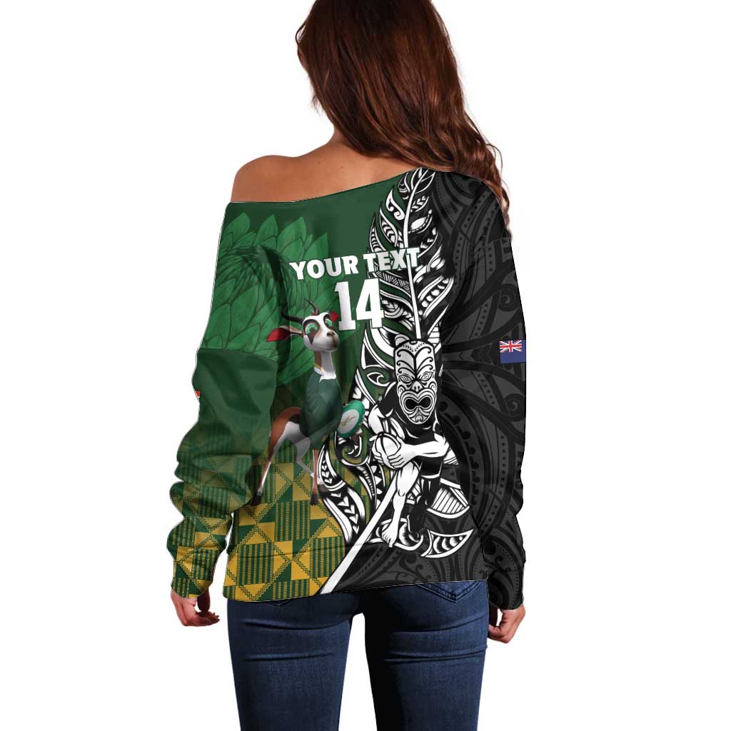 New Zealand and South Africa Rugby Custom Off Shoulder Sweater Maori Tiki Fern Springboks Kente Pattern - Polynesian Pride