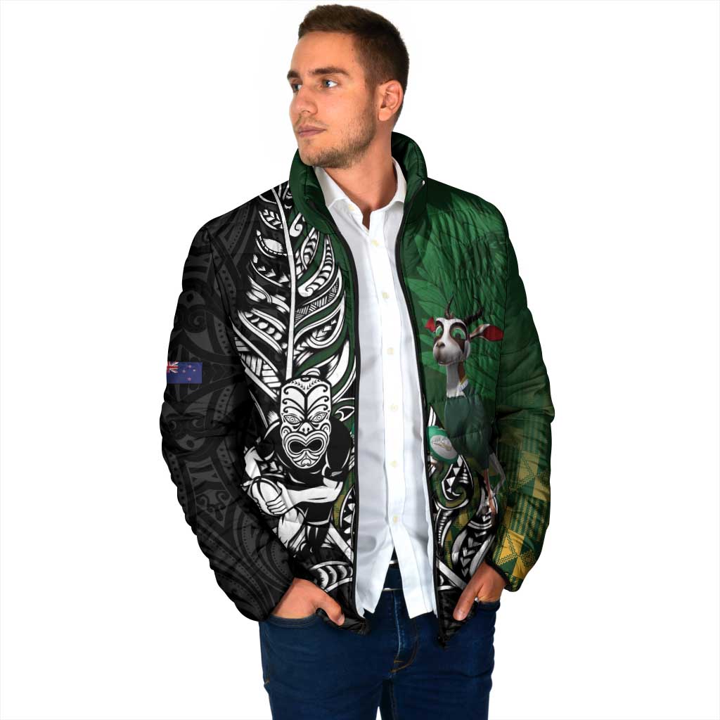 New Zealand and South Africa Rugby Custom Padded Jacket Maori Tiki Fern Springboks Kente Pattern - Polynesian Pride