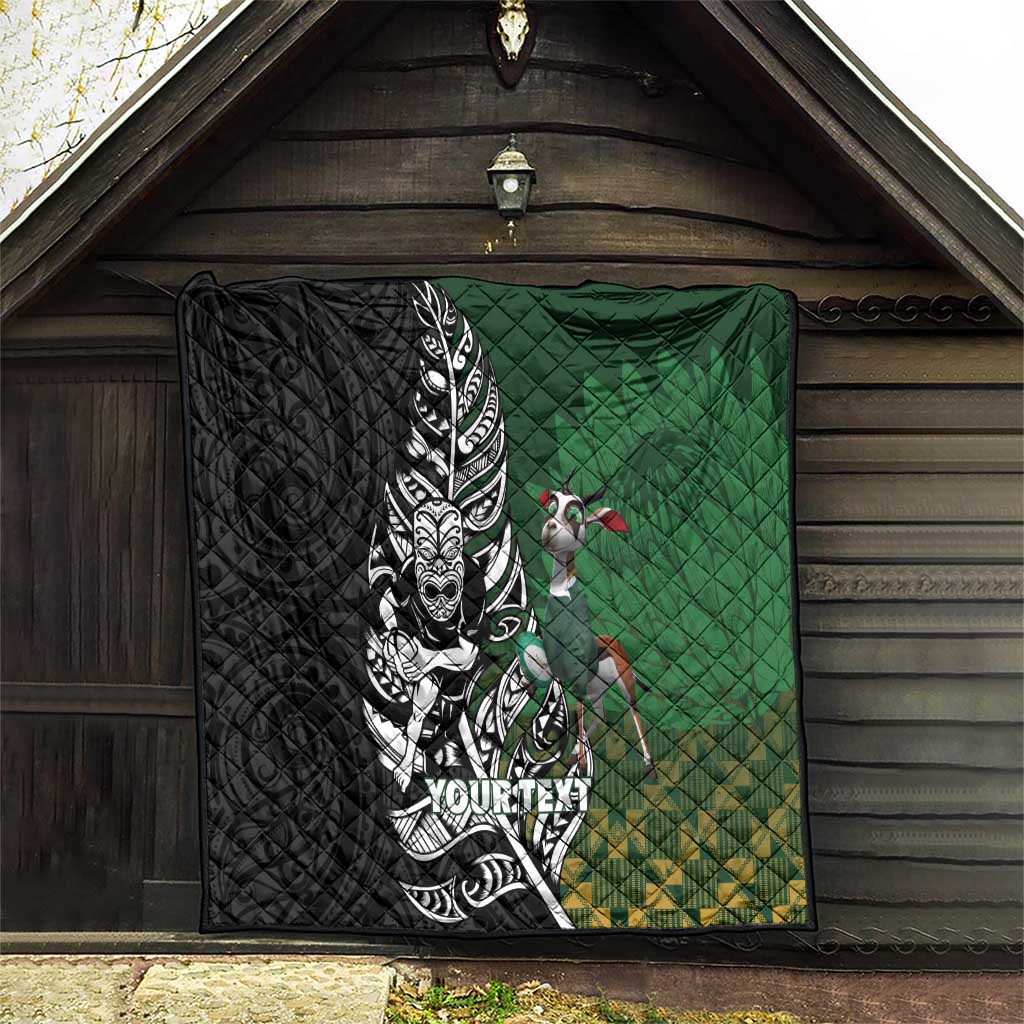 New Zealand and South Africa Rugby Custom Quilt Maori Tiki Fern Springboks Kente Pattern - Polynesian Pride