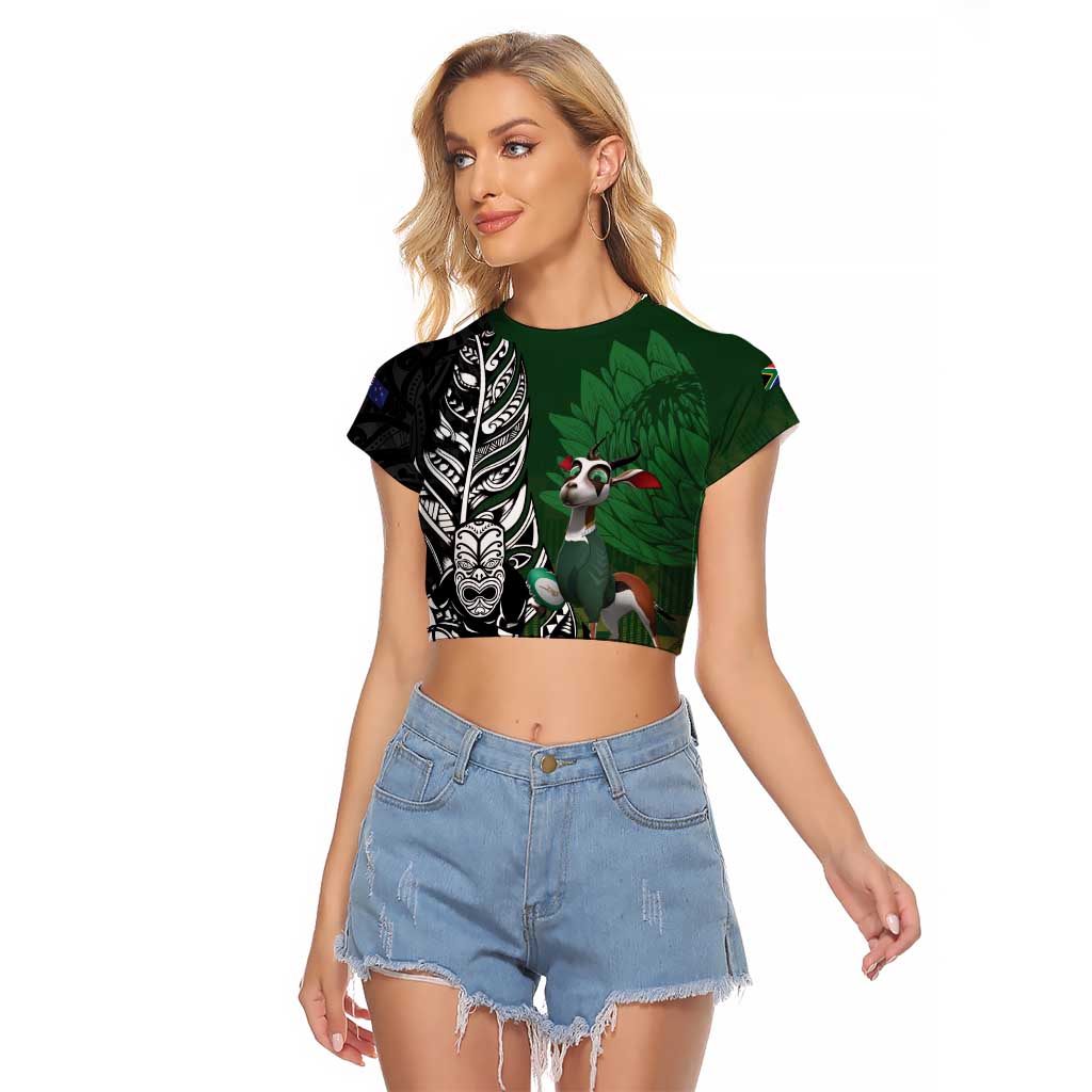 New Zealand and South Africa Rugby Custom Raglan Cropped T Shirt Maori Tiki Fern Springboks Kente Pattern - Polynesian Pride