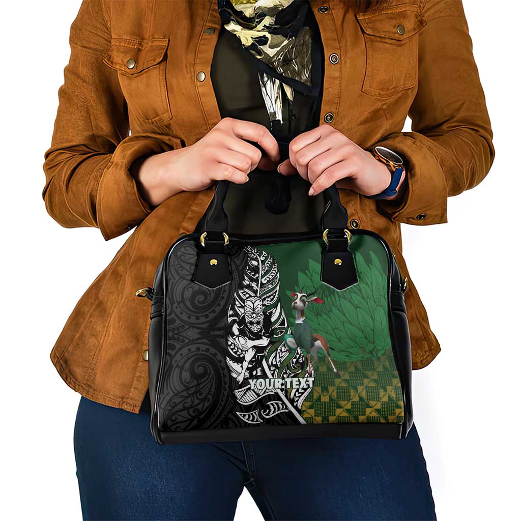 New Zealand and South Africa Rugby Custom Shoulder Handbag Maori Tiki Fern Springboks Kente Pattern - Polynesian Pride